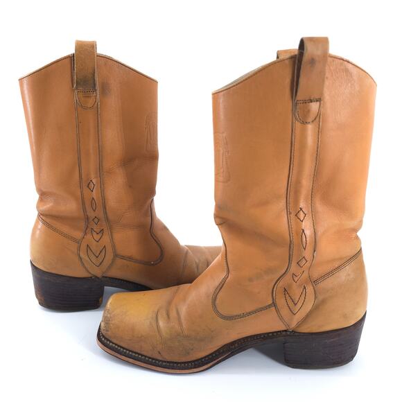 Vintage Johnny Ringo Cowboy Boots Men 8D Square Toe Tan Bull Hide Western Rodeo - Picture 8 of 14